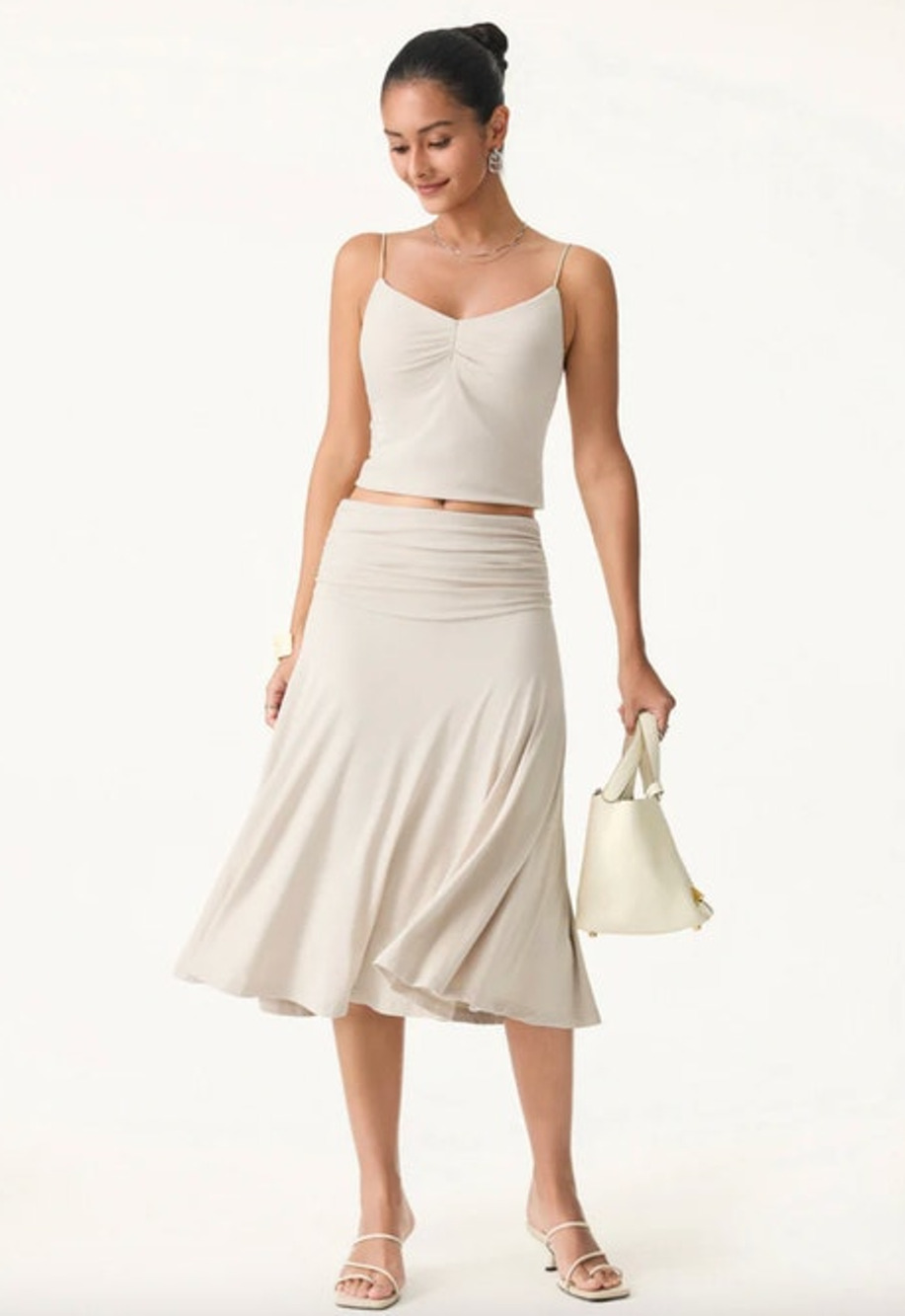 OGL Skirt Size M NEW Flowy Side Ruched A-line Midi Skirt Fog Cream Eco-SkinKiss